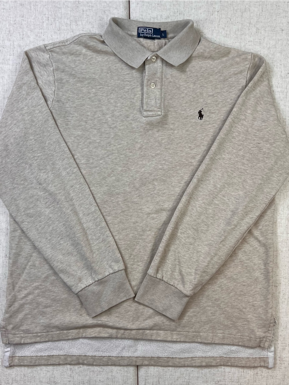 Vintage Polo Ralph Lauren Oatmeal Long Sleeve Collared Rugby Shirt Mens L Prep